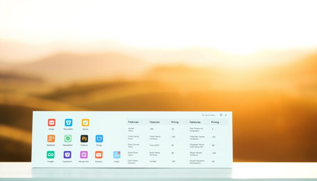 A clean, minimalist newsletter comparison dashboard set against a soft, gradient background. In the foreground, a grid-like arrangement of various newsletter tool icons, each with a distinct color and visual style. The middle ground features a simple, organized tabular layout displaying key features and pricing details of the tools. The background is a serene, blurred landscape with gentle lighting, creating a sense of focus and clarity. The overall composition conveys a professional, informative, and visually appealing presentation of newsletter tools and their capabilities.