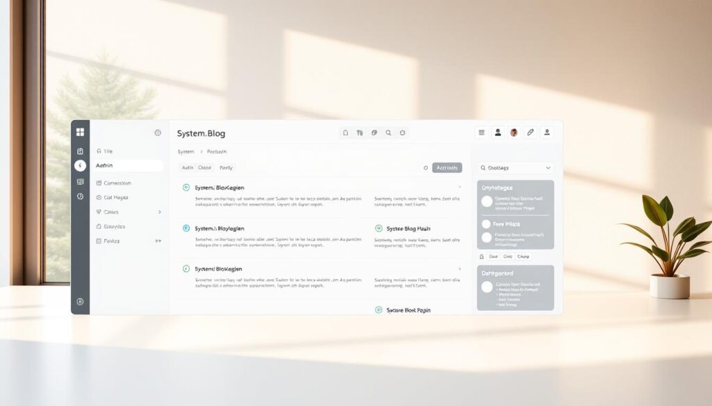 A clean, modern blog admin dashboard with a minimalist interface. A large central panel displays the "Systeme.io Blog Kategorien" with a clear hierarchy and intuitive navigation. Sleek, high-contrast typography and icons guide the user experience. The layout is balanced, with ample white space and subtle gradient backgrounds that create depth. Warm, natural lighting from a large window casts soft shadows, giving the scene a calming, professional atmosphere. The overall aesthetic is sophisticated yet approachable, reflecting the blog's purpose and Systeme.io's brand identity.