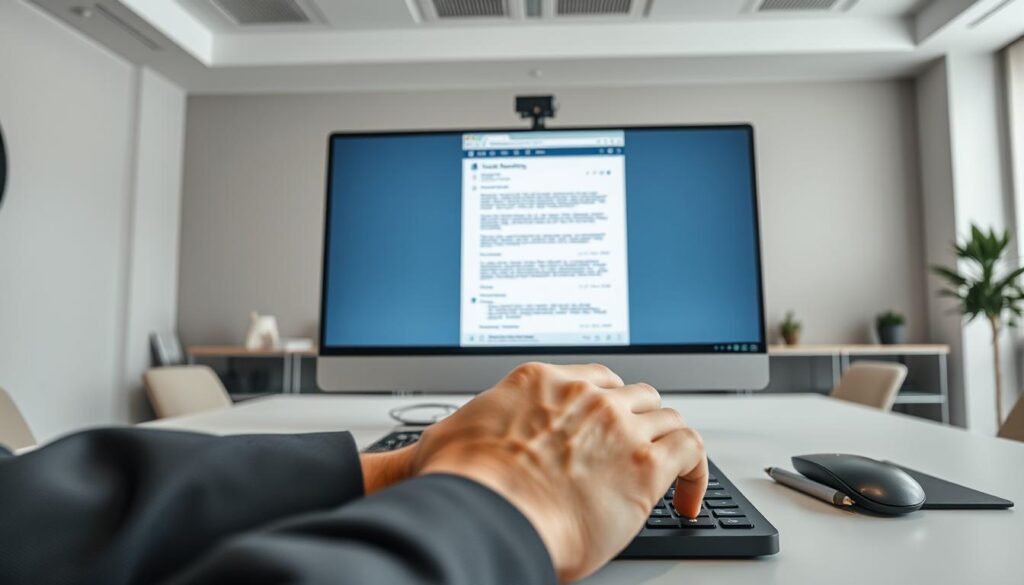 A clean, modern office interior with a large desk and a computer monitor displaying an open email interface. In the foreground, a businessman's hand is poised over the keyboard, ready to craft an impactful email campaign. The background features muted tones and minimalist decor, creating a focused and professional atmosphere. Soft, directional lighting illuminates the scene, emphasizing the importance of the email marketing task at hand. The composition suggests a sense of productivity, strategic planning, and the power of digital communication to drive business success.