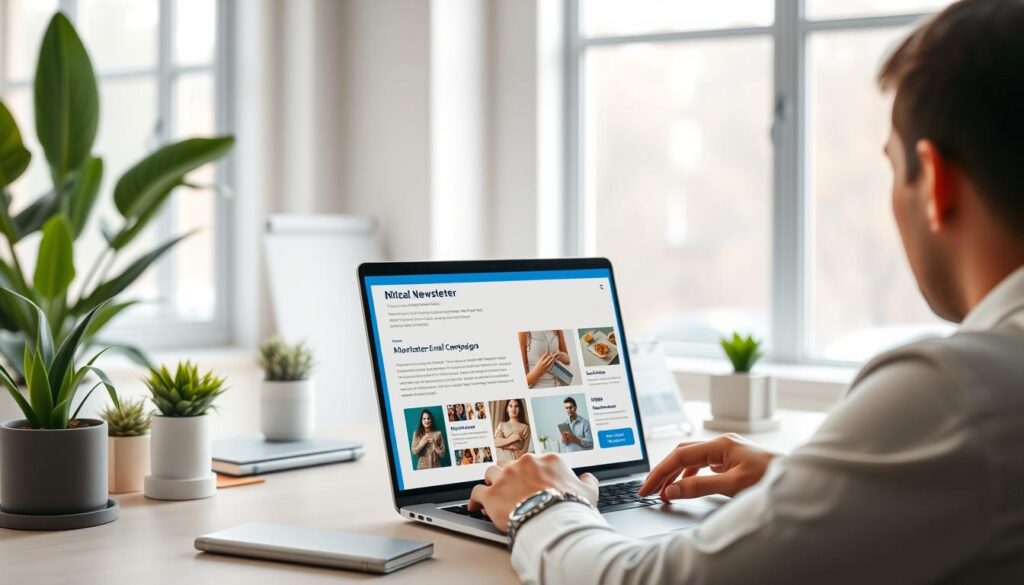 A clean, modern office scene featuring a person using a newsletter creation tool on a laptop. In the foreground, the laptop screen displays various AI-powered features for crafting engaging email campaigns - text generation, image optimization, personalization, and analytics. The background showcases a minimalist workspace with plants, desk accessories, and large windows letting in soft, natural light. The overall tone is professional, productive, and technology-forward, reflecting the capabilities of modern newsletter software.