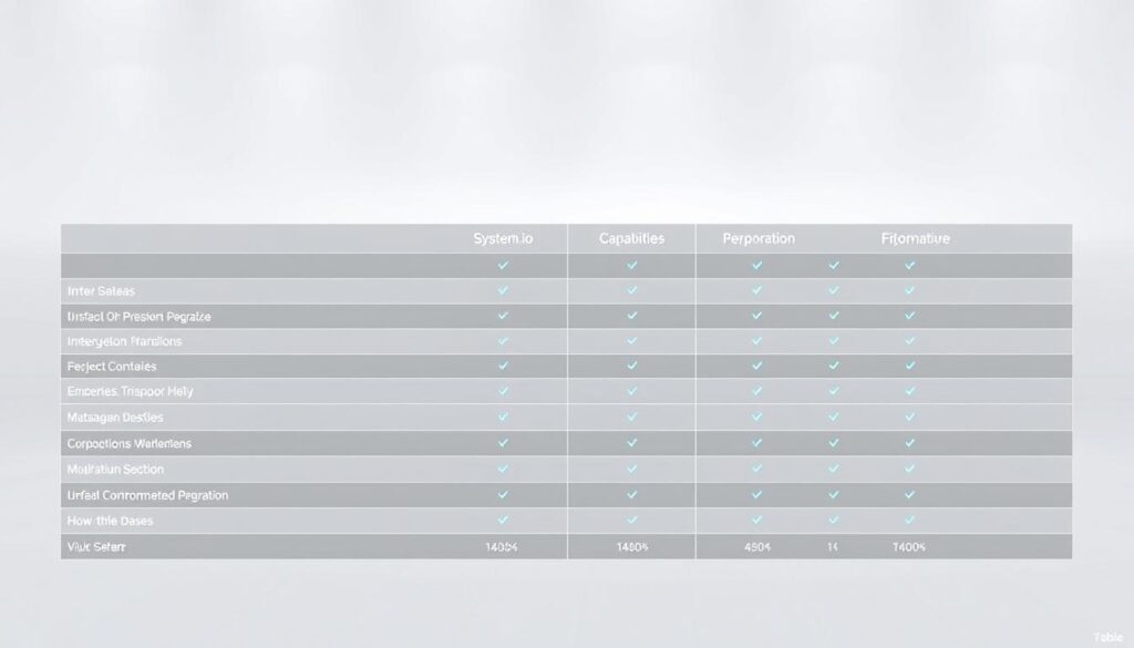 A clean, modern table filled with rows of data, comparing the features and capabilities of System.io and its alternatives. The table is presented against a sleek, minimalist background, with a subtle grid pattern adding visual structure. Soft, even lighting creates a sense of clarity and professionalism. The columns are neatly organized, with icons and carefully chosen typography to highlight the key differences between the solutions. An air of analytical rigor pervades the scene, inviting the viewer to thoroughly evaluate the options. The overall composition conveys a balanced, fact-based approach to assessing the tradeoffs between System.io and its competitors.