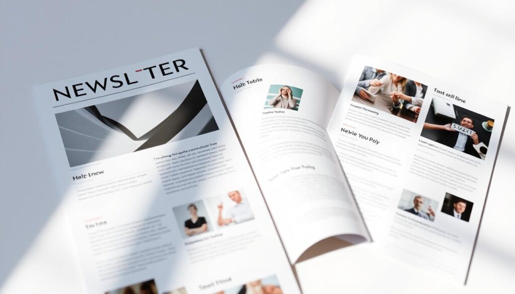 A crisp, modern newsletter with a clean layout, showcasing high-quality images and minimal but impactful text. The newsletter cover page features a large hero image, perhaps a stylized graphic or abstract pattern, with a bold, sans-serif masthead and a subtle subheading. The interior pages display a mix of informative articles, each with a compelling thumbnail image, concise but captivating copy, and clear section headings. The overall aesthetic is visually striking, drawing the reader's attention to the content through careful use of typography, color, and whitespace. The lighting is soft and natural, creating a sense of warmth and professionalism. The camera angle is slightly elevated, giving the viewer a sense of an expertly curated publication.