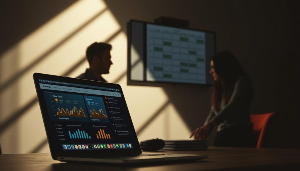A high-contrast, cinematic scene depicting an "Email-Marketing Kampagne". The foreground features a modern laptop screen displaying an email campaign dashboard, with colorful analytics and statistics. The middle ground showcases a team of digital marketers strategizing, their expressions focused as they review campaign metrics. In the background, a wall-mounted monitor displays a campaign timeline, connecting the digital efforts to a physical calendar. Dramatic side lighting casts angular shadows, creating a sense of depth and professionalism. The overall mood is one of efficiency, collaboration, and data-driven decision making, reflecting the "Häufige Fehler im Email-Marketing vermeiden" section of the article.