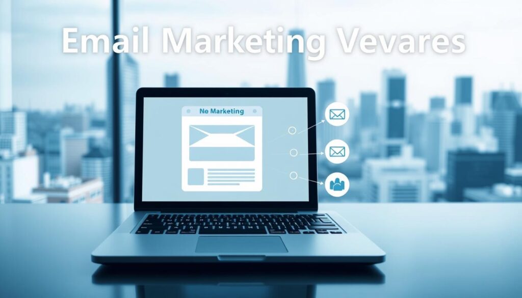 A modern and professional-looking image of "Email Marketing Vorteile" in the style of an infographic. The foreground features a clean and minimalist design with a laptop displaying an email newsletter, icons representing the key benefits of email marketing, and a simple color palette of blues, grays, and whites. The middle ground shows a cityscape in the background, conveying a sense of a thriving business environment. The lighting is soft and diffused, creating a calm and inviting atmosphere. The composition is balanced and visually appealing, drawing the viewer's attention to the key elements. The overall image should feel contemporary, informative, and visually compelling.