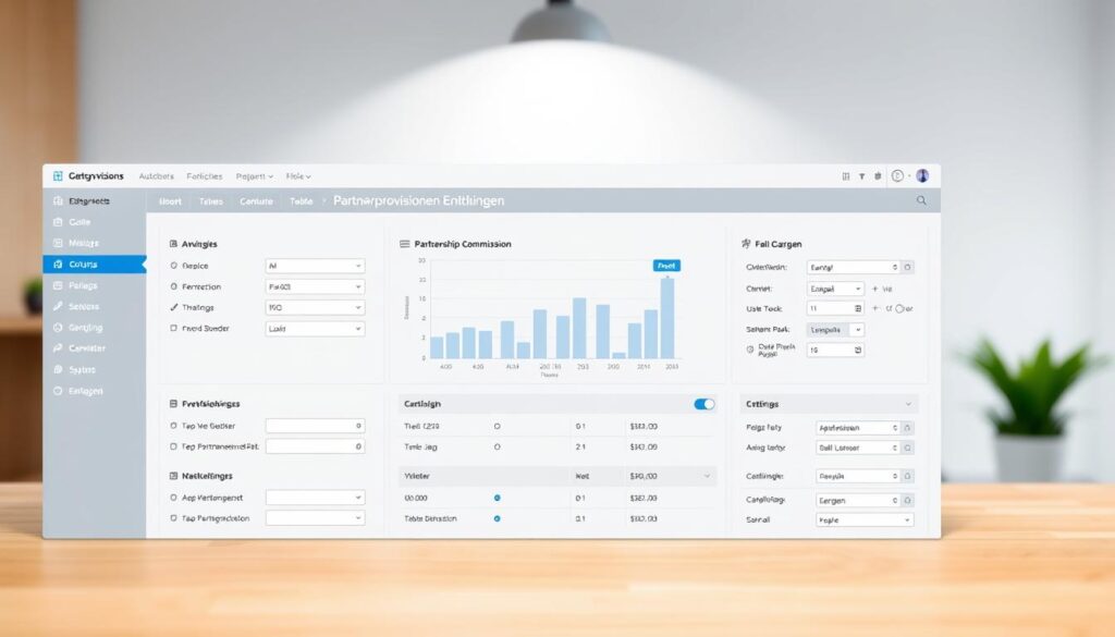A modern, clean user interface depicting the "Partnerprovisionen Einstellungen" settings page. The layout features a sleek dashboard with clearly organized sections, navigation menus, and input fields. The color scheme is a harmonious blend of professional grays, blues, and whites, creating a polished, streamlined aesthetic. In the center, a large graph or chart visualizes the partnership commission data, with clear labeling and interactive elements. The background is softly blurred, allowing the interface to be the focal point. Crisp lighting from above casts subtle shadows, enhancing the depth and dimension of the design. The overall impression is one of an intuitive, user-friendly system for managing affiliate program payouts.