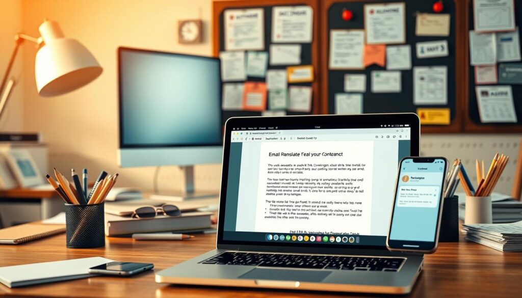 A modern office workspace with a desk, computer, and various stationery items. In the foreground, an open laptop screen displays an email template with a personalized greeting and automated content. The middle ground features a smartphone with a notification for a scheduled email campaign. The background showcases a bulletin board filled with reminders, calendar events, and notes related to email marketing automation. Warm, natural lighting casts a soft glow, creating a productive and organized atmosphere. The scene conveys the efficiency and personalization of email marketing through technology and automation.