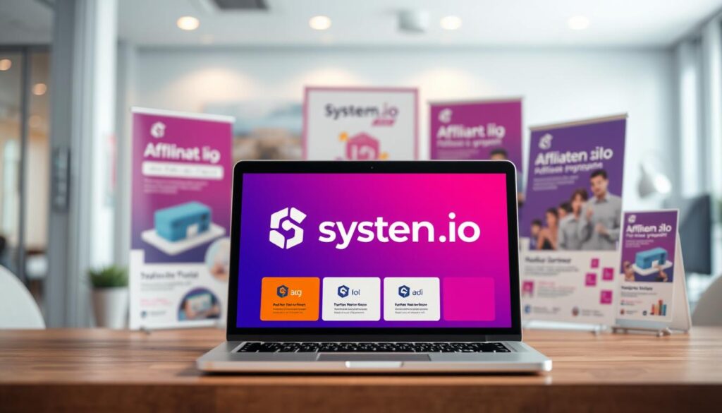 A professional and eye-catching advertisement for the System.io Affiliate Program, featuring a clean, modern design. In the foreground, a laptop or tablet displays the program's logo and key details, with vibrant graphics and a sleek, minimalist layout. The middle ground showcases various promotional materials, such as banners, flyers, and social media assets, all showcasing the brand's visual identity and highlighting the benefits of the affiliate program. In the background, a softly blurred office or digital workspace setting, with subtle hints of the company's branding and colors, creates a sense of professionalism and credibility. The lighting is balanced, with a warm, inviting tone, and the overall composition is visually striking and attention-grabbing, perfectly suited to promote the System.io Affiliate Program.