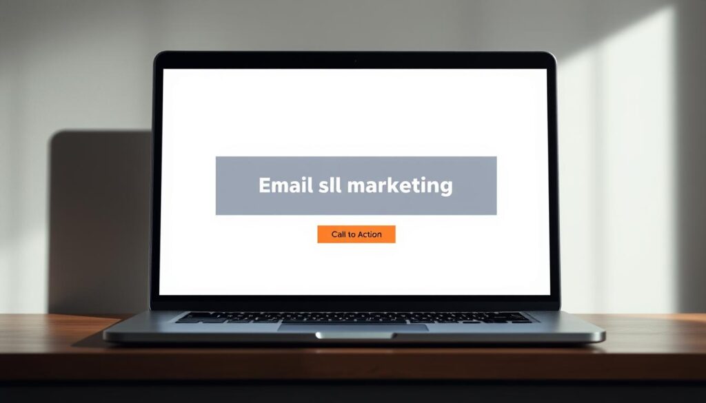 A professional, sleek email marketing campaign interface displayed on a laptop screen, with a clear and inviting call-to-action button. The screen is illuminated by soft, directional lighting, creating depth and highlighting the key elements. The background is a muted, sophisticated color palette, conveying a sense of refinement and professionalism. The overall composition is balanced and visually appealing, guiding the viewer's attention to the core features of effective email marketing.