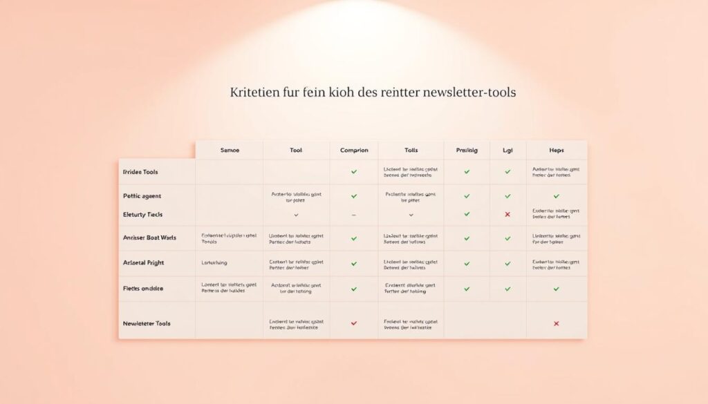 A sleek, minimalist comparison chart showcasing various newsletter tools against a soft, pastel-colored background. The chart is elegantly designed, with clean lines and subtle gridlines, allowing the tool details to stand out. The layout is balanced, with ample whitespace and a harmonious color palette that evokes a sense of professionalism and efficiency. The tools are presented in a clear, organized manner, making it easy for the viewer to compare features and make an informed decision. Overhead lighting casts a warm, natural glow, creating depth and dimension. The overall mood is one of clarity, rationality, and helpfulness, perfectly suited to illustrate the "Kriterien für die Auswahl des richtigen Newsletter-Tools" section.