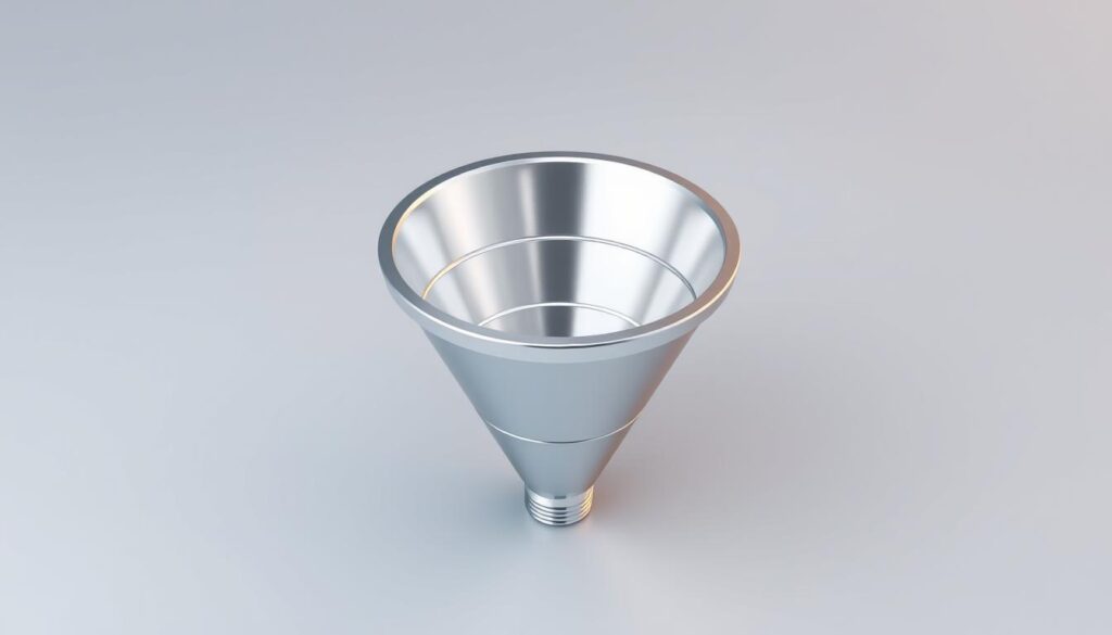 A sleek, modern sales funnel rendered in a 3D, isometric perspective. The funnel is composed of three distinct stages - awareness, consideration, and conversion - each represented by a progressively narrower section. The overall structure has a metallic, chrome-like finish, conveying a sense of precision and sophistication. Soft, directional lighting emanates from the top, casting subtle shadows and highlights that accentuate the funnel's geometric form. The background is a minimalist, gradient-based environment, allowing the funnel to take center stage. The mood is one of efficiency, professionalism, and the systematic progression of a successful sales process.