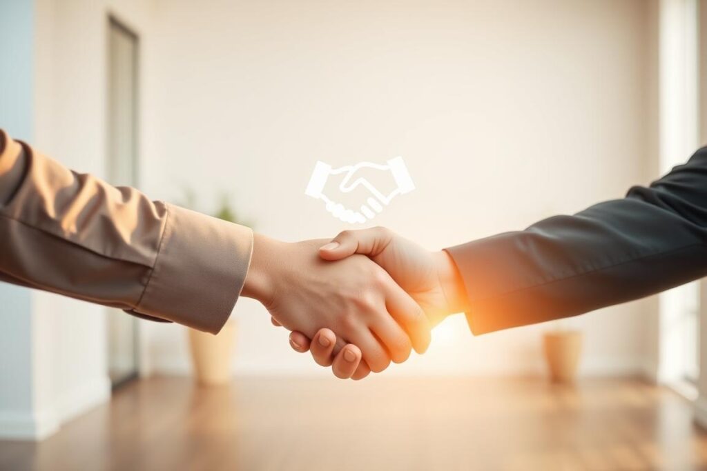 A tranquil scene of two individuals shaking hands, signifying a long-term partnership. The foreground features the handshake, captured in warm, natural lighting, conveying a sense of trust and collaboration. The middle ground showcases a stylized affiliate marketing icon, such as a handshake or a currency symbol, emphasizing the commercial aspect of the partnership. The background depicts a serene, minimalist office setting, with clean lines and muted colors, creating a professional and trustworthy atmosphere. The overall composition suggests a harmonious and mutually beneficial relationship between the affiliate partners.