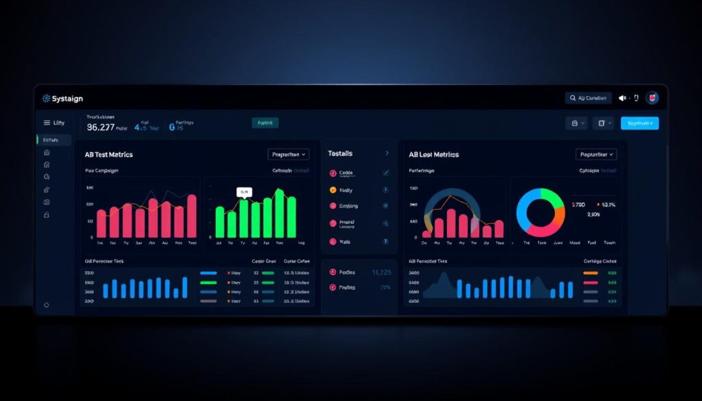A vibrant and dynamic A/B testing dashboard on a sleek, dark-themed interface. In the foreground, two side-by-side email campaign metrics charts, each displaying distinct performance data. The middle ground features an array of interactive buttons, toggles, and data visualizations, allowing for seamless comparison and optimization. The background is a muted gradient, drawing focus to the central analysis tools. Subtle lighting creates depth and highlights the crisp, high-resolution visuals. The overall mood is one of precision, efficiency, and data-driven decision-making, perfectly suited for the "A/B-Tests durchführen" section of the systeme.io email marketing article.