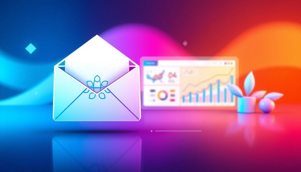A vibrant and dynamic email marketing strategy laid out in a clean, professional illustration. In the foreground, a stylized envelope icon with intricate geometric patterns and a sleek, minimalist design. In the middle ground, a data visualization dashboard displaying key metrics and insights, surrounded by subtle geometric shapes and lines. In the background, a soft, blurred gradient of complementary hues, creating a sense of depth and emphasizing the digital, tech-savvy nature of the subject. The overall mood is one of sophistication, efficiency, and forward-thinking, reflecting the goal of developing a successful email marketing strategy.