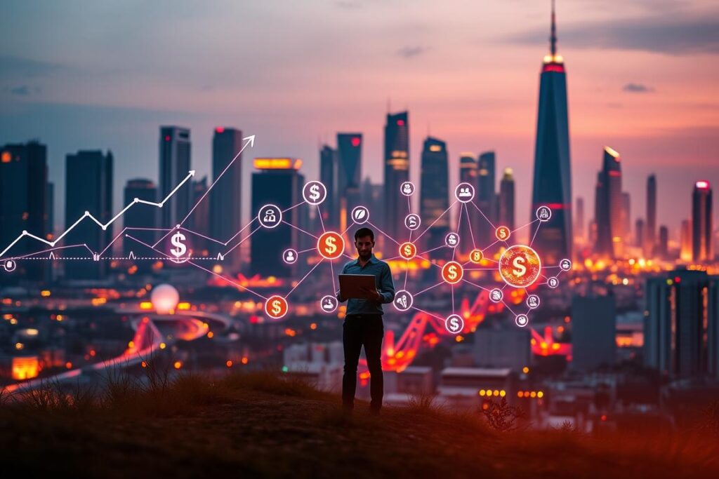 A vibrant, digital financial landscape with a central figure navigating the world of affiliate marketing. In the foreground, a person stands confidently, laptop in hand, surrounded by glowing digital currency symbols and graphs depicting growth trajectories. The middle ground features a network of interconnected affiliate program icons, illustrating the intricate web of partnerships. In the background, a sleek, minimalist cityscape with towering skyscrapers and a futuristic, neon-lit atmosphere sets the stage for this lucrative digital endeavor. Warm lighting from below casts an inviting glow, while a cinematic depth of field emphasizes the depth and complexity of this affiliate marketing business model.