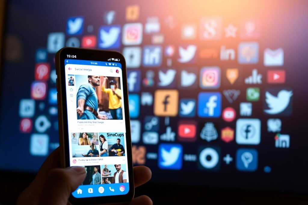 A vibrant social media marketing campaign unfolds, showcasing a dynamic array of digital platforms. In the foreground, a smartphone screen displays curated content, its sleek design and vivid colors drawing the viewer's attention. The middle ground features a collage of social media icons, each representing a distinct channel for engagement. In the background, a subtle gradient of blues and grays creates a sense of depth, highlighting the interconnectedness of these digital spaces. Soft lighting casts a warm glow, conveying a mood of innovation and connectivity. The overall composition evokes the strategic deployment of social media and paid advertisements to drive successful affiliate marketing campaigns.