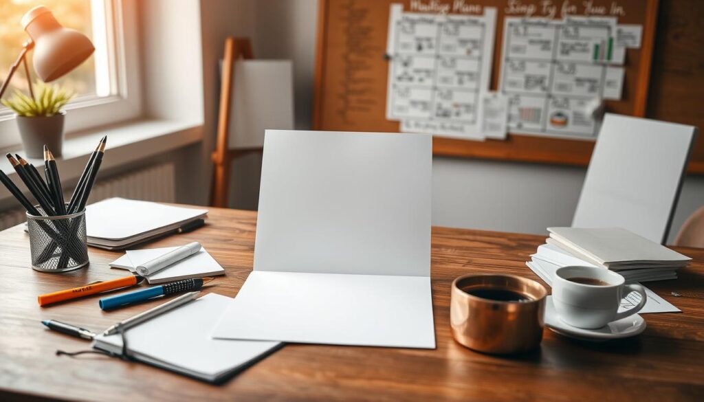 Elegant newsletter layout with strategic planning elements. Centered on a wooden desk, a clean white newsletter template with minimal, modern design. Surrounded by office supplies - pens, highlighters, a notebook, and a cup of coffee. Soft natural lighting from a window, casting warm tones. In the background, a corkboard with sketched ideas and schedules, conveying the strategic planning process. The overall mood is focused, organized, and professional, reflecting the subject of strategic newsletter planning.
