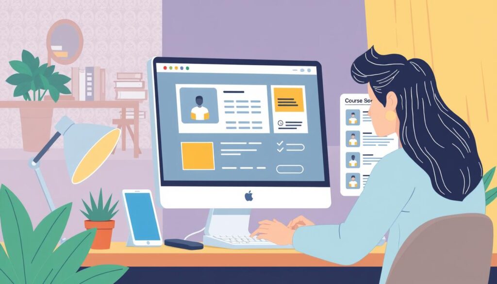 Erstellen Sie eine Grafik, die eine Person zeigt, die einfach einen Online-Kurs auf einer Webseite erstellt.