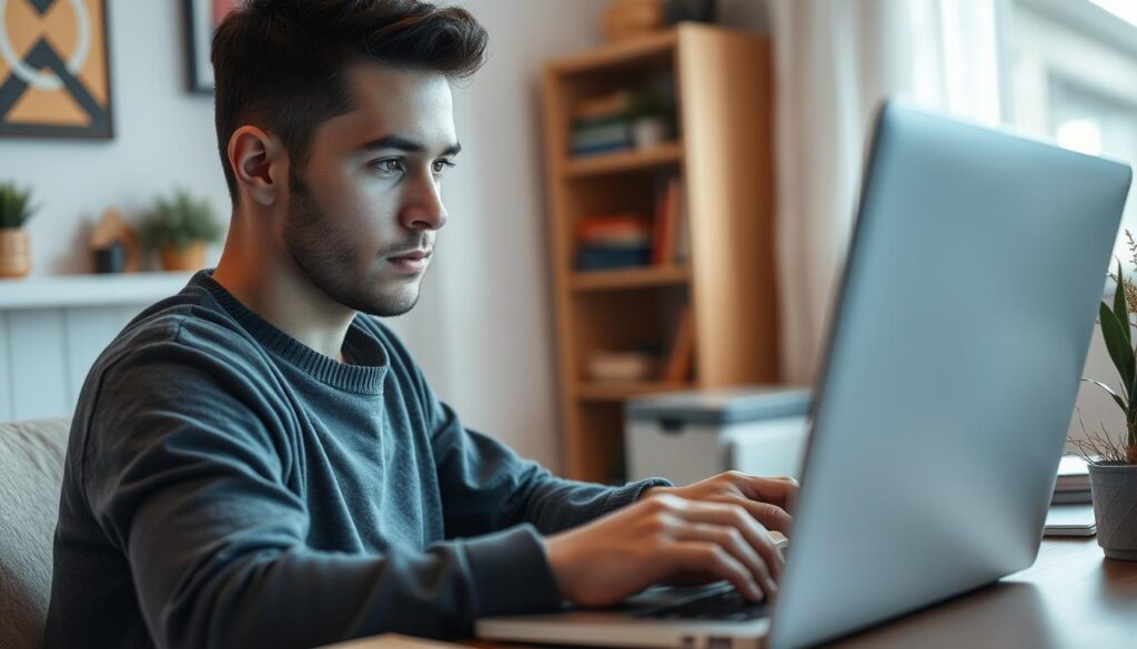 Generate an image of a person using Systeme.io on their laptop