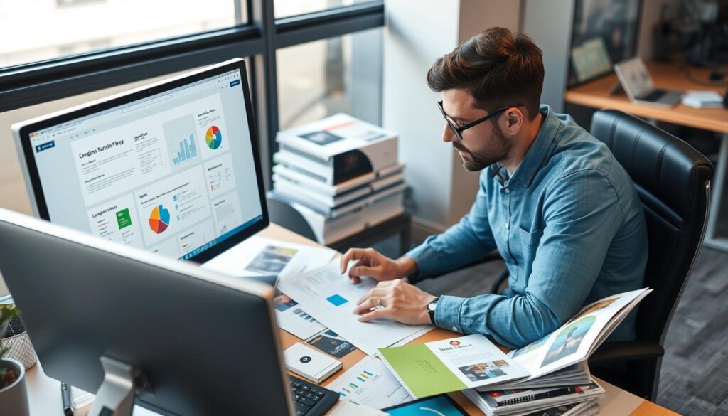 Generiere ein Bild von einer Person, die an einem Computer arbeitet, umgeben von Marketing-Materialien und Kursunterlagen.