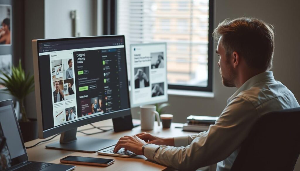 Generiere ein Bild von einer Person, die an einem Computer arbeitet und Email-Marketing-Kampagnen erstellt.
