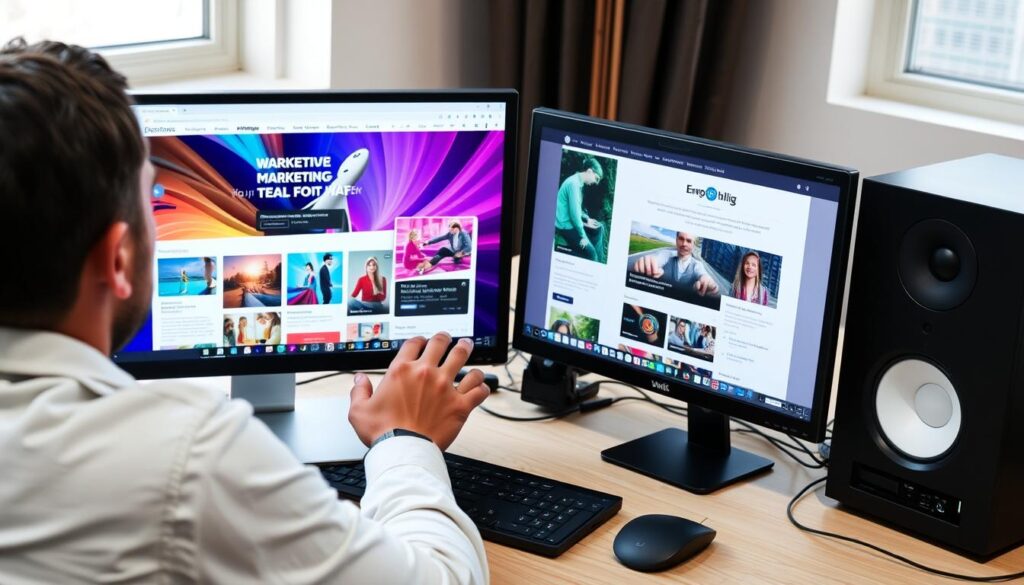 Generiere ein Bild von einer Person, die an einem Schreibtisch sitzt und auf einem Computer arbeitet, mit einer Darstellung von Email-Marketing-Kampagnen auf dem Bildschirm.