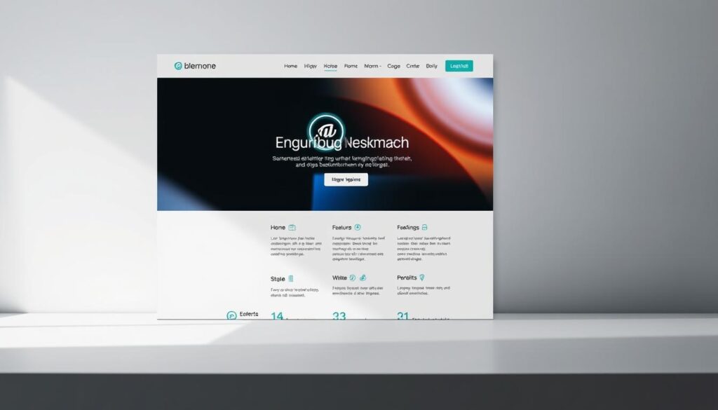 Landingpage Optimierung: A sleek, modern website design with a clean, minimalist aesthetic. The layout features a prominent hero section showcasing a captivating product or service, complemented by a visually striking background image or gradient. The middle section presents a well-structured, informative layout highlighting key features and benefits, drawing the viewer's attention. In the foreground, a simple, intuitive user interface with clear call-to-action buttons invites exploration and conversion. Soft, directional lighting accentuates the page's elegance, while a slightly wide-angle lens captures the comprehensive nature of the design. The overall mood is professional, inviting, and optimized for maximum user engagement and lead generation.