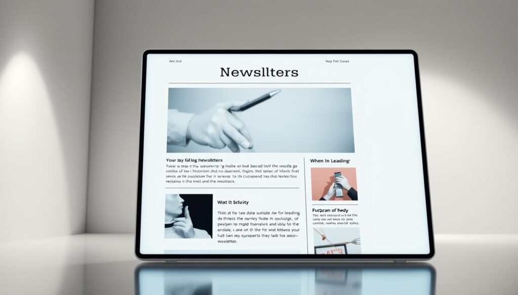 A crisp, minimalist digital newsletter design, with a clean layout featuring a prominent masthead and hero image. The newsletter's content is organized into distinct sections with clear hierarchy, including eye-catching headlines and subheadings. The overall aesthetic is modern and professional, with a subtle use of on-brand colors and typography to create a cohesive visual identity. Soft, directional lighting illuminates the newsletter interface, conveying a sense of digital elegance. The scene is captured from a slightly elevated camera angle, providing an optimal viewing experience.