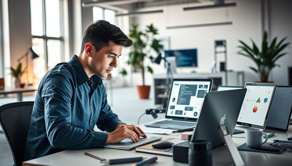 A digital product development workspace, with a sleek, modern aesthetic. In the foreground, a person intently focused on a laptop screen, the glow illuminating their face. Behind them, a desk cluttered with notes, sketches, and a tablet, reflecting the creative process. The middle ground features various digital tools and software, from coding interfaces to design applications, hinting at the technical expertise required. The background showcases a minimalist, open-concept office space, with large windows letting in natural light and a few potted plants, creating a calming, productive atmosphere. Overall, the scene conveys the focus, dedication, and attention to detail needed to bring digital products to life.