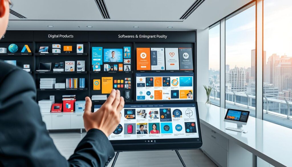 A digital storefront showcasing a diverse array of digital products, including software, e-books, online courses, and digital art. The scene is set in a well-lit, modern office space with clean lines and minimalist decor. In the foreground, a person in business attire is engaged in a product demonstration, their hands gesturing towards a sleek, high-resolution display presenting the features and benefits of the digital offerings. The middle ground features various product thumbnails and icons, neatly arranged to entice potential customers. The background depicts a city skyline, hinting at the global reach and accessibility of these digital products. The overall atmosphere conveys a sense of professionalism, innovation, and the endless possibilities of the digital marketplace.