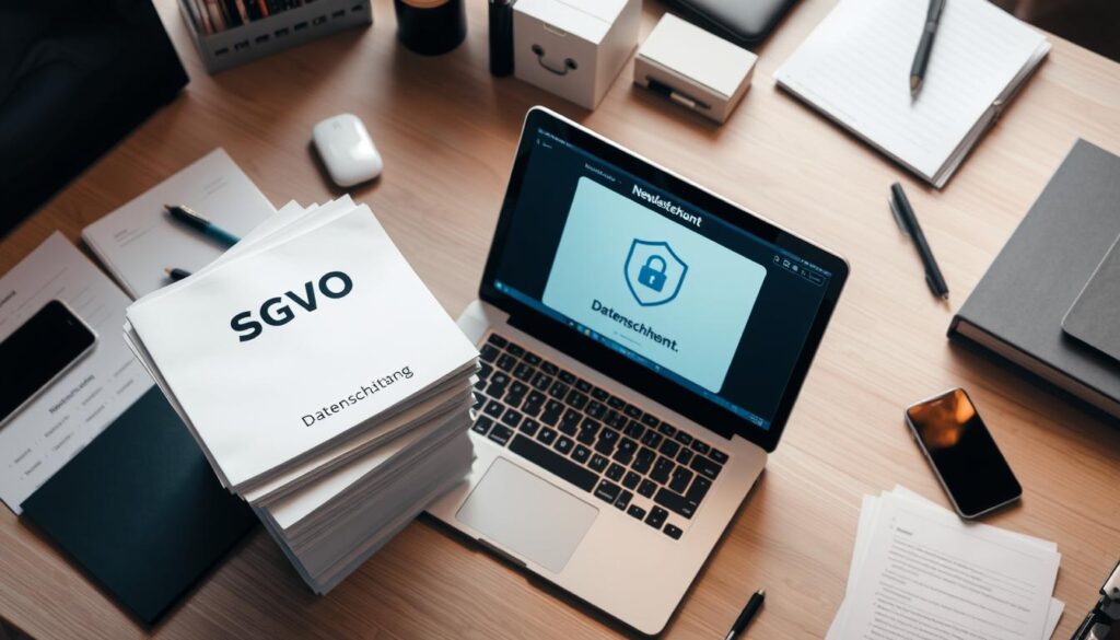 A high-angle view of an office desk, with a laptop, a mobile phone, and various office supplies arranged neatly. A stack of documents labeled "DSGVO" (GDPR) stands out, symbolizing the importance of data privacy. The laptop screen displays a newsletter software interface, with a security icon and the text "Datenschutz" (Data Protection) prominently featured. The lighting is soft and evenly distributed, creating a professional and organized atmosphere. The overall scene conveys the idea of a responsible and compliant newsletter software solution that prioritizes user privacy.