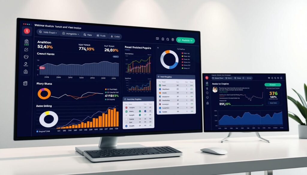 A high-quality, professional webinar analysis interface with a clean, modern design. The foreground features a large display screen showcasing detailed analytics and performance metrics, with intuitive infographics and data visualizations. The middle ground has a minimalist control panel with customizable settings and navigation tools. The background has a subtle, neutral color palette with soft lighting, creating a calm and focused atmosphere conducive to in-depth analysis and strategic decision-making. The overall composition conveys a sense of authority, efficiency, and data-driven insights, suitable for a &quot;Video Empire&quot; webinar review.
