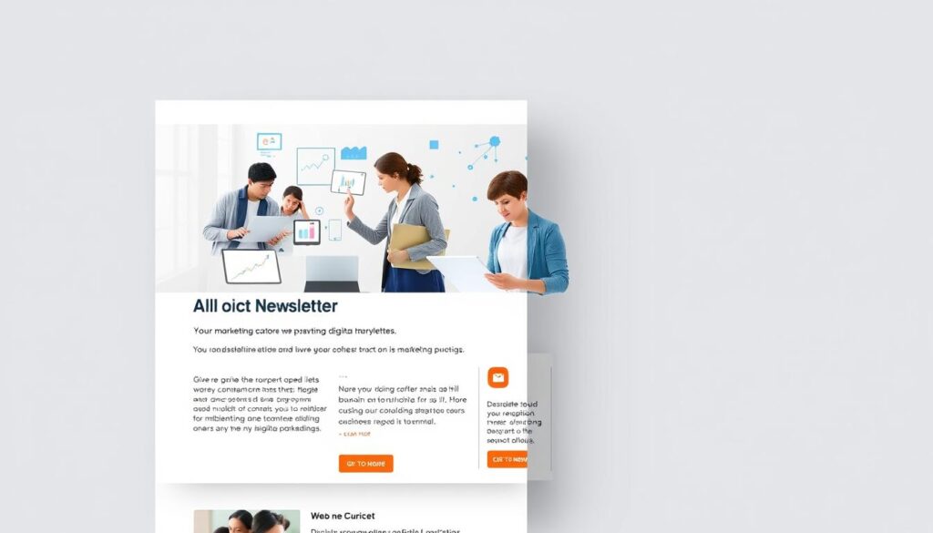A modern and visually appealing marketing newsletter with a clean, minimalist design. The layout features a prominent hero image showcasing a diverse group of professionals engaged in digital marketing activities, such as analyzing data on laptop screens, brainstorming ideas, and collaborating on a tablet. The background has a subtle grid pattern or geometric shapes in muted, pastel colors to create a sense of structure and organization. The newsletter content is presented in a well-organized manner, with clear headings, concise bullet points, and strategically placed call-to-action buttons. The overall composition conveys a professional, forward-thinking, and tech-savvy aesthetic that would appeal to a contemporary audience interested in effective digital marketing strategies.