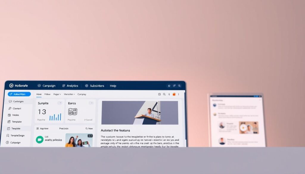 A modern, clean-looking newsletter software interface showcasing its key features. In the foreground, a sleek dashboard with customizable widgets displaying subscriber metrics, campaign analytics, and automation workflows. In the middle ground, a content editor with intuitive formatting tools, image/video integration, and a preview pane. In the background, a sidebar navigation with sections for list management, template design, and campaign scheduling. Warm, soft lighting illuminates the scene, creating a professional yet inviting atmosphere. The overall layout is balanced and uncluttered, highlighting the software's functionality in an elegant, user-friendly manner.