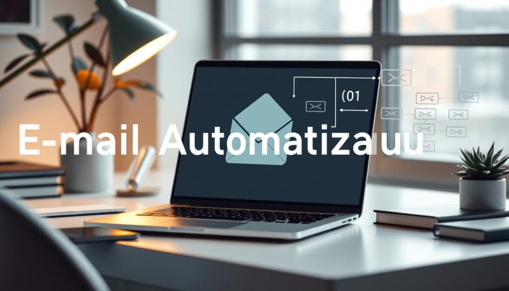 A modern, minimalist office scene with a sleek, aluminum laptop displaying an email inbox, surrounded by elegant office supplies and a potted plant. The lighting is soft and diffused, creating a warm, productive atmosphere. In the background, a stylized email automation workflow diagram, with clean lines and geometric shapes, hints at the efficiency and automation of the email marketing process. The overall composition conveys the concept of "E-Mail-Automatisierung" - the seamless integration of email marketing with automated workflows and sequences.