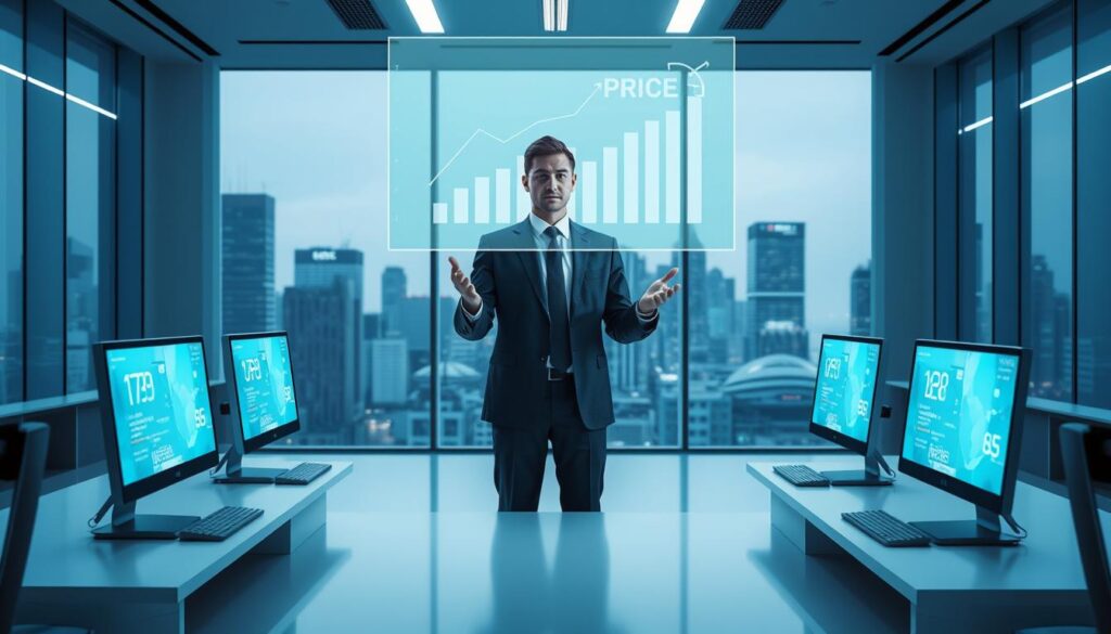 A modern, minimalist office setting with sleek, futuristic desktop computers and holographic displays. A businessperson in a well-tailored suit stands at the center, gesturing towards a transparent price chart floating above their hands. The room is bathed in a cool, blue-tinted lighting, creating a sense of technological sophistication. The background features floor-to-ceiling windows overlooking a bustling cityscape, emphasizing the digital, globalized nature of the subject. The overall tone is one of professional authority and data-driven decision making, reflecting the importance of pricing strategy for digital products.