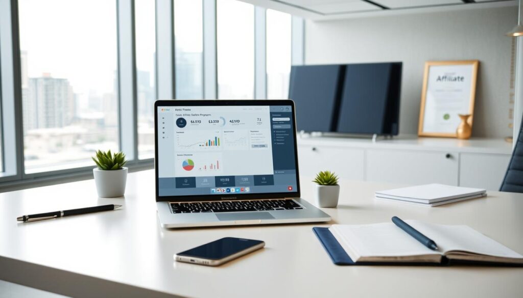 A modern, sleek office setting with a neatly organized desk featuring various digital devices and office supplies. In the foreground, a laptop displays a web page showcasing an affiliate program dashboard, with charts, graphs, and analytics. On the desk, a pen, a smartphone, and a notebook symbolize the tools and resources needed to manage and track the affiliate partnership. The middle ground features a small potted plant and a framed certificate or award, hinting at the success and professionalism of the affiliate program. The background showcases a large window with a cityscape view, suggesting a thriving digital business environment. The lighting is soft and diffused, creating a calming, focused atmosphere conducive to productive work.