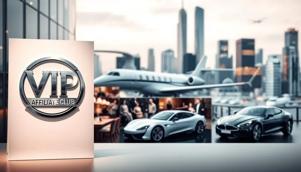 A professional and exclusive-looking VIP Affiliate Club experience, with a modern, minimalist design. In the foreground, a sleek, silver metallic logo stands out against a clean white background, evoking a sense of prestige and exclusivity. The middle ground features an array of elegant, high-end lifestyle imagery, such as a fine-dining table setting, a private jet, and luxury cars, hinting at the VIP-level benefits and experiences available to club members. The background is a softly blurred, yet sophisticated cityscape, suggesting an urban, cosmopolitan setting. The overall mood is one of luxury, sophistication, and the feeling of being part of an elite, members-only community.
