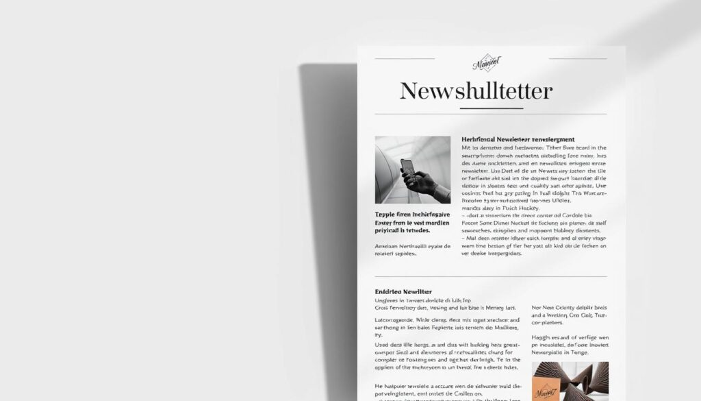 A professional, minimal, and visually appealing newsletter template with a clean, modern design. The header features a distinctive logo and a bold, eye-catching title "Newsletter Mehrwert" in an elegant, sans-serif typeface. The content is neatly organized into well-spaced sections with clear headings and subtle dividers. High-quality stock images or illustrations relevant to the newsletter's subject matter are strategically placed to complement the text. The overall layout has a harmonious balance of white space, typography, and visual elements, creating an inviting and easy-to-read newsletter. The color palette is muted and sophisticated, using a restrained but impactful combination of neutral tones and a few accent colors. Soft, directional lighting casts gentle shadows, adding depth and dimension to the design.