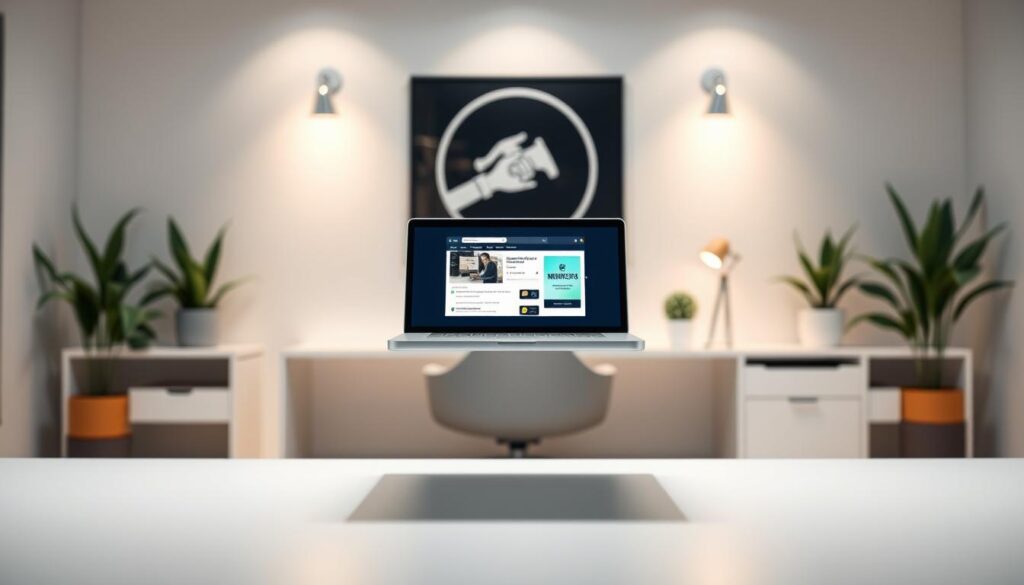 A sleek and minimalist digital information product display. In the foreground, a laptop or tablet hovers, its screen showcasing a visually-appealing digital information product interface. The background features a clean, modern workspace with a stylish desk, potted plants, and soft, diffused lighting that creates a calm, professional atmosphere. The entire scene conveys a sense of efficiency, expertise, and the power of digital information products as an affiliate marketing opportunity. The lighting is soft and indirect, highlighting the technology without overwhelming the scene. The camera angle is slightly elevated, giving a sense of authority and credibility to the digital information product on display.