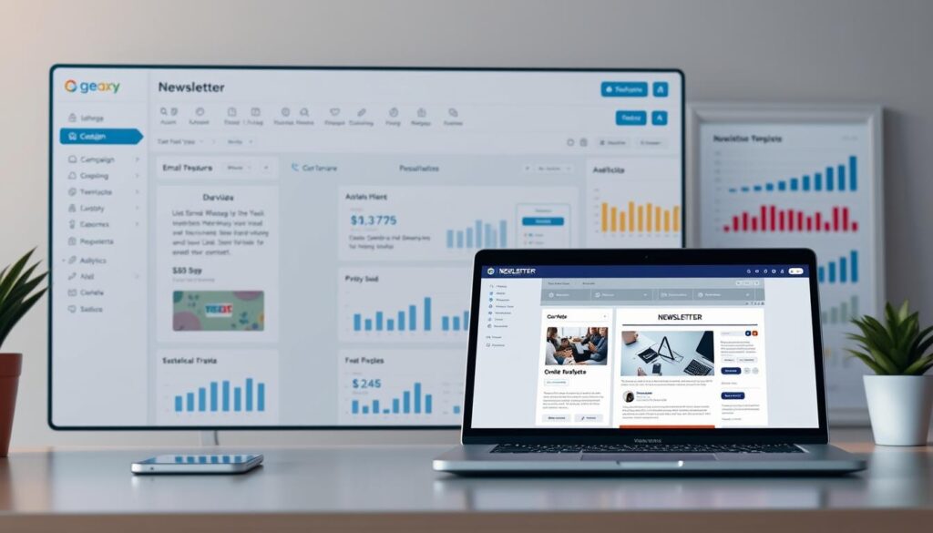 A sleek and modern newsletter program interface, featuring a clean dashboard with data visualizations, intuitive campaign management tools, and a sophisticated email design editor. The scene is bathed in warm, soft lighting, with a minimalist color palette of grays, blues, and whites. The layout is balanced and responsive, showcasing the program's powerful yet user-friendly features. In the foreground, a laptop screen displays a newsletter template being customized, while in the background, charts and graphs illustrate the program's analytics and reporting capabilities. The overall atmosphere is one of efficiency, professionalism, and technological sophistication.