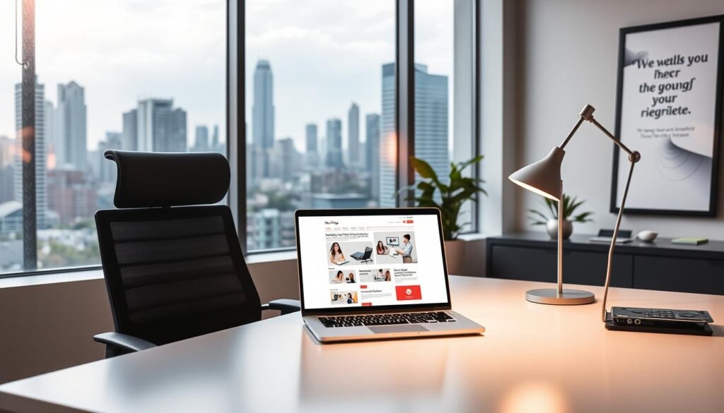 A sleek and modern office setting, with a large window overlooking a bustling city skyline. On a neatly organized desk, a laptop displays a newsletter template, its clean design and vibrant colors catching the warm, diffused light streaming in. An ergonomic chair and a minimalist desk lamp add to the professional atmosphere. In the background, a potted plant and a framed motivational quote bring a touch of life and inspiration to the workspace. The overall scene conveys efficiency, attention to detail, and a focus on delivering an engaging and visually appealing newsletter to the audience.