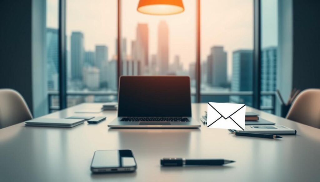 A sleek, modern office setting with a laptop, smartphone, and various stationery items scattered across a clean, minimalist desk. Soft, diffused lighting from an overhead source casts a warm glow, creating a professional yet inviting atmosphere. In the background, a blurred cityscape through a large window suggests the hustle and bustle of the business world. The foreground features a stylized e-mail icon, subtly emphasizing the digital nature of the marketing campaign. The overall composition conveys the efficiency and strategic planning involved in successful e-mail marketing.