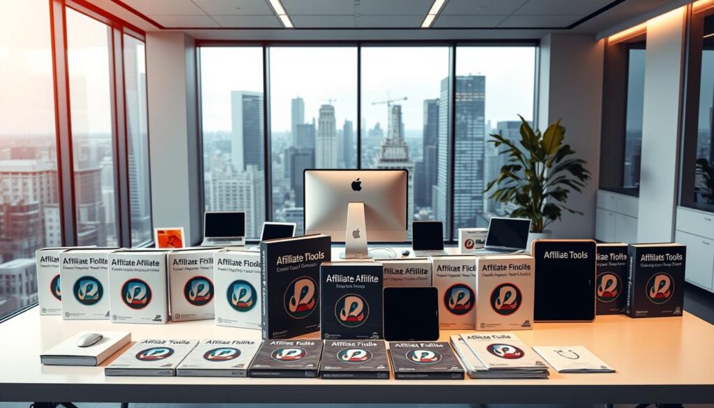 A sleek, modern office setting with a variety of digital tools and software packages arranged in a visually appealing display. In the foreground, a collection of software boxes, laptops, and tablets are neatly organized, showcasing a range of affiliate products. The middle ground features a clean, minimalist desk with a desktop computer, mouse, and keyboard, all bathed in warm, indirect lighting. In the background, a large window overlooking a bustling cityscape provides a sense of context and a professional, corporate atmosphere. The overall mood is one of efficiency, productivity, and the digital age, highlighting the potential of software and tools as profitable affiliate offerings.