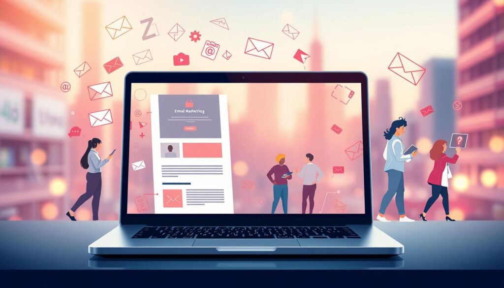 A vibrant, dynamic illustration of email marketing. In the foreground, an open laptop screen displays a sleek, modern email template with polished graphics and appealing content. Surrounding the laptop, a lively collage of various email icons, mail envelopes, and digital devices subtly suggest the interconnected nature of email campaigns. The middle ground features a group of diverse, stylized people engaged in email-related activities, such as reviewing analytics, crafting messages, and growing their contact lists. In the background, a soft, blurred cityscape provides a contemporary, tech-savvy atmosphere. Warm, directional lighting accentuates the digital elements, creating a sense of productivity and innovation. The overall composition conveys the efficiency, strategy, and lead generation potential of successful email marketing.