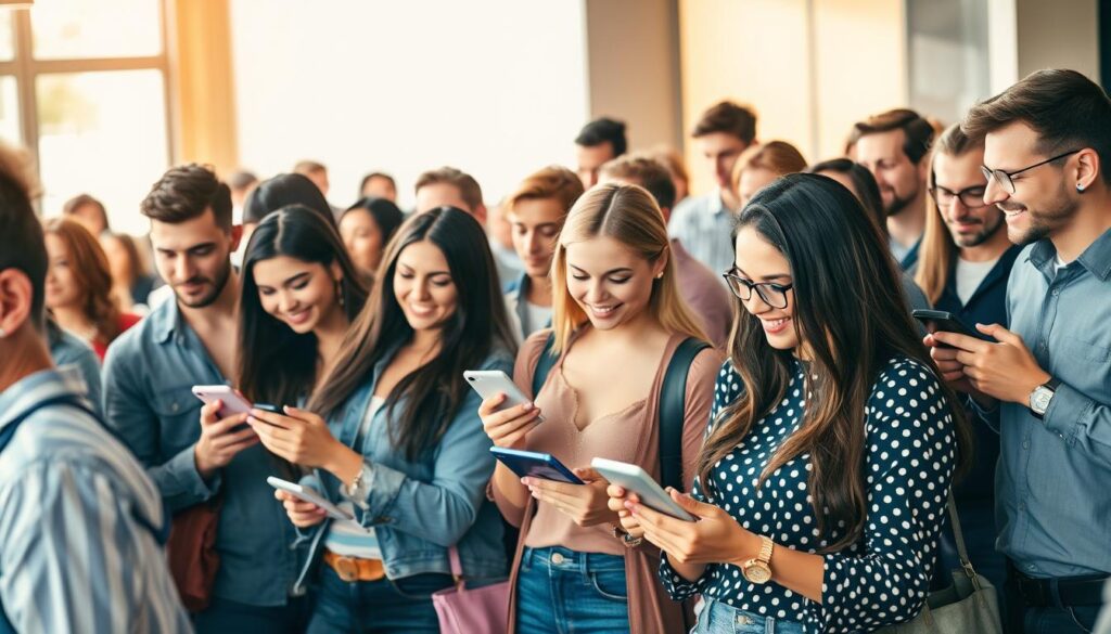 A vibrant, youthful crowd gathered in a stylish, modern setting, showcasing the diverse target audience for Video Empire. In the foreground, a group of young professionals and influencers engage with their smartphones and tablets, immersed in the latest digital content. The middle ground features a mix of age groups, from tech-savvy millennials to older, tech-curious individuals, all captivated by the video platform's offerings. The background depicts a sleek, minimalist office environment, hinting at the versatility and widespread appeal of Video Empire's services. Warm, natural lighting illuminates the scene, creating a welcoming and inviting atmosphere that reflects the brand's user-friendly approach.