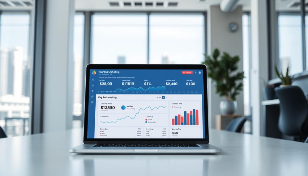 A well-lit, modern office space with a clean, minimalist aesthetic. In the foreground, a sleek laptop displaying a dashboard of key performance indicators (KPIs) for email marketing, including metrics such as open rate, click-through rate, conversion rate, and unsubscribe rate. The dashboard is presented in a clear, data-driven manner, with intuitive visualizations and easy-to-understand labels. In the middle ground, a stylized graph or chart illustrates the performance of these KPIs over time, allowing for analysis and optimization. The background features a large window overlooking a cityscape, evoking a sense of professionalism and productivity. The overall scene conveys the importance of data-driven decision making in successful email marketing strategies.