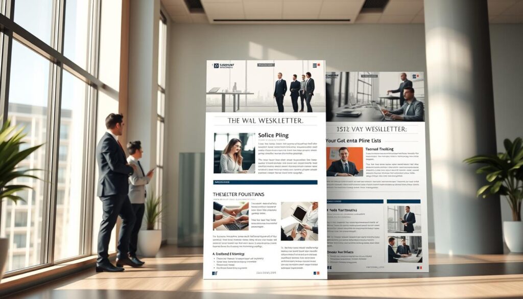 Elegant and modern newsletter design with a clean, minimalist layout. Featuring a prominent header image depicting professional business people in a corporate office setting, conveying a sense of professionalism and success. The main content area showcases carefully curated articles and informative graphics, arranged in a visually appealing grid. Subtle use of typography and color accents create a cohesive, visually striking design. The overall atmosphere is one of sophistication and attention to detail, reflecting the high-quality content within the newsletter. Soft, natural lighting from large windows casts a warm glow across the scene, adding to the sense of refined elegance.