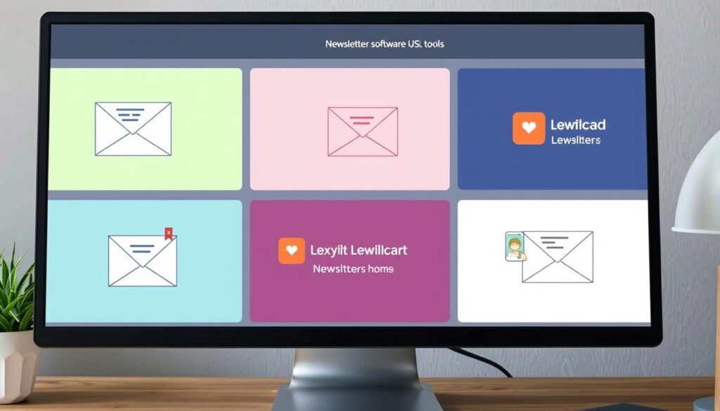Generiere ein Bild, das verschiedene Newsletter Software Tools auf einem Bildschirm zeigt