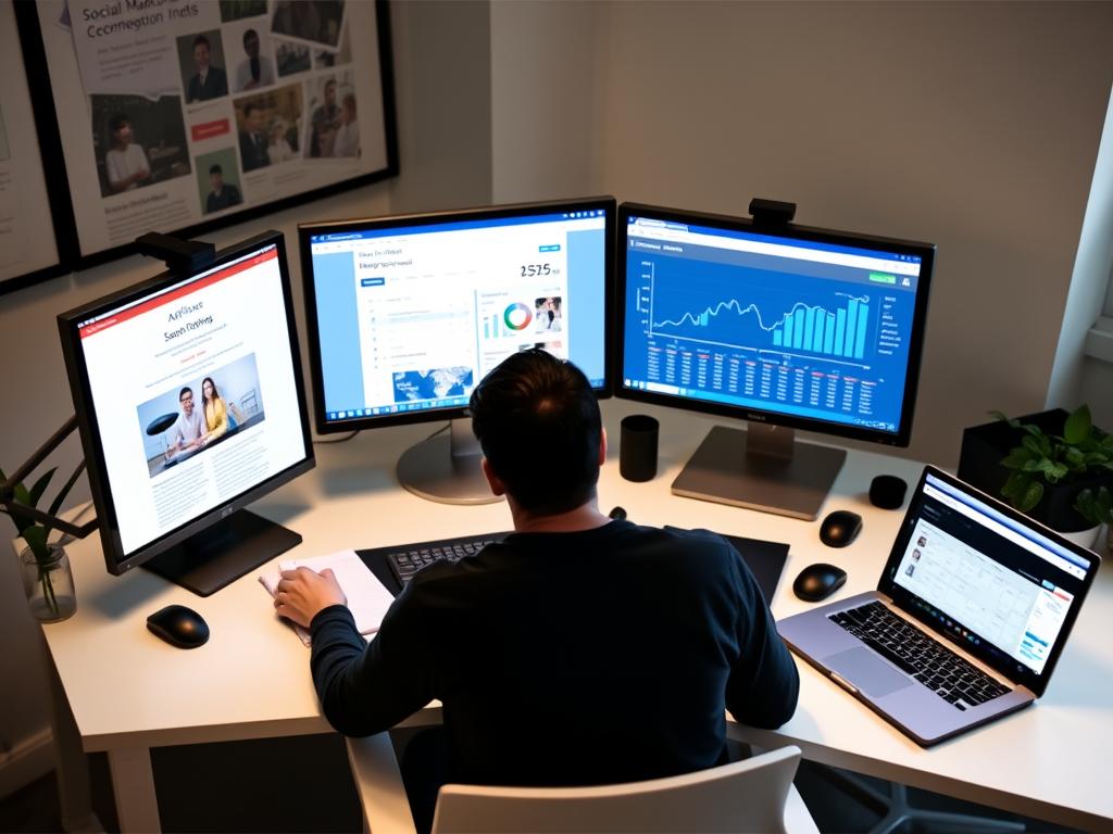 Person arbeitet an Affiliate Marketing Strategie mit Blog und Social Media auf mehreren Bildschirmen