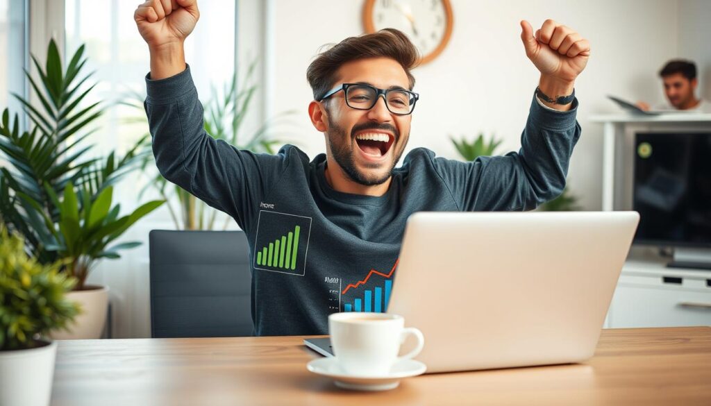 Person feiert Erfolg mit Affiliate Marketing an einem Laptop